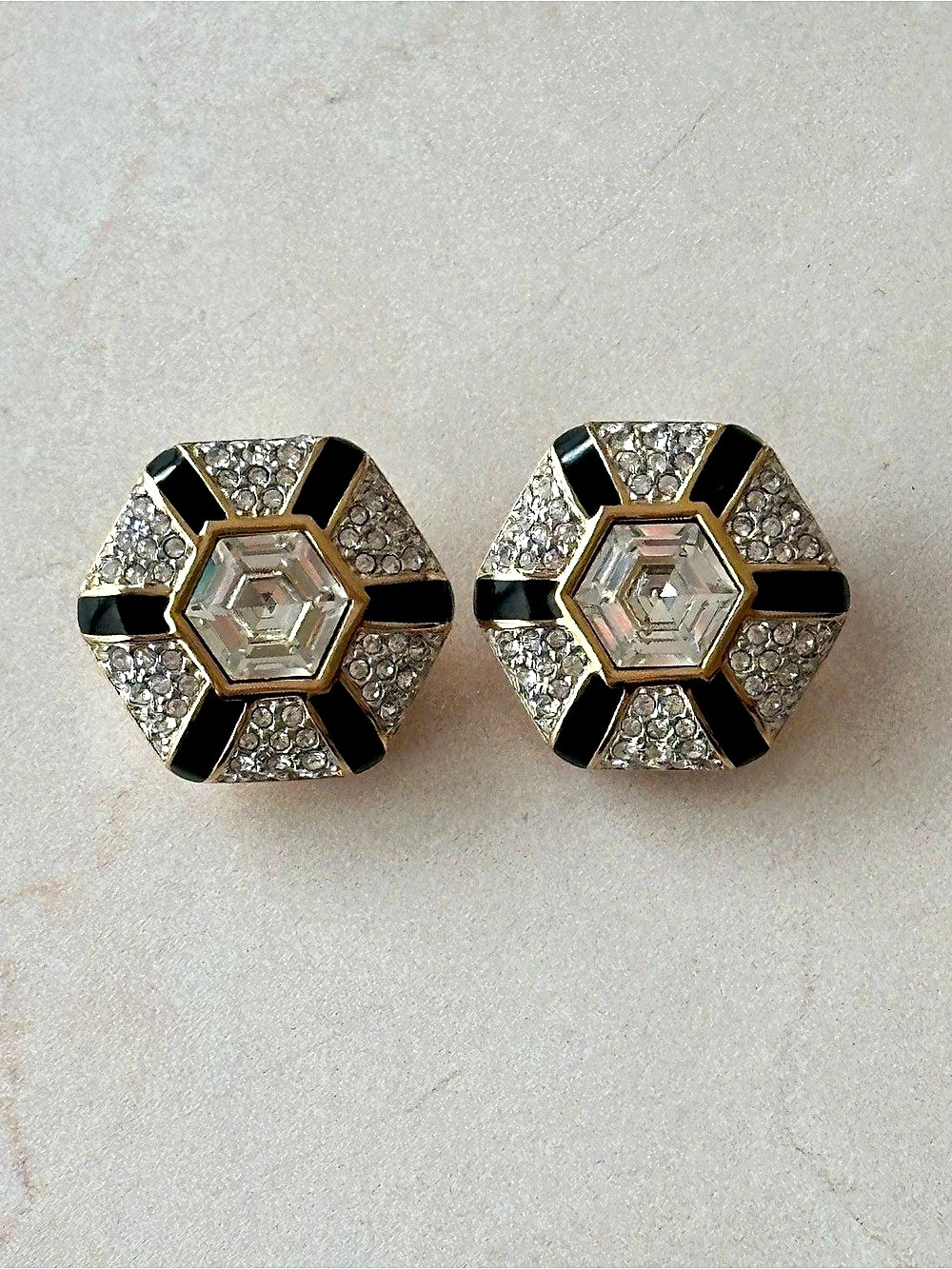 Swarovski Geometric Black & Gold Clip Earrings